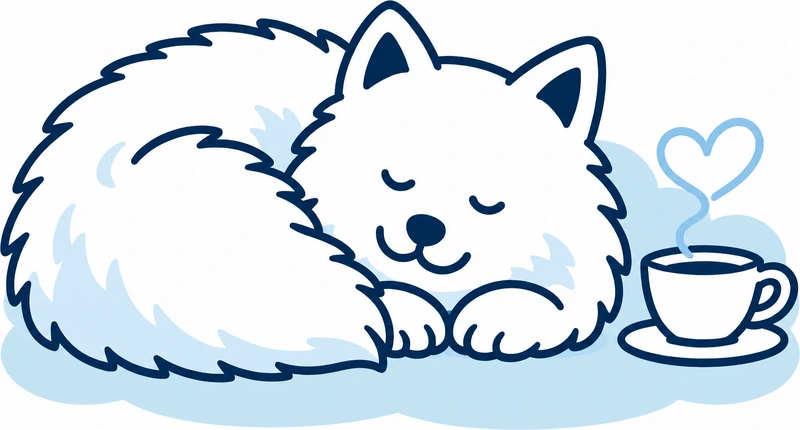 A sleeping Samoyed resting on a pale blue cloud beside a coffee cup with heart-shaped steam
