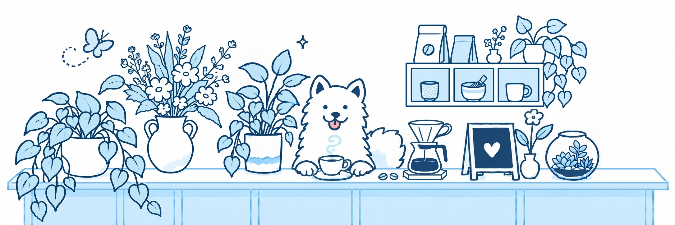 A smiling Samoyed serving a cup of coffee at our home café counter, surrounded by trailing plants, flowers, coffee shelves, a terrarium, and a little heart sign, illustrated in pale blue